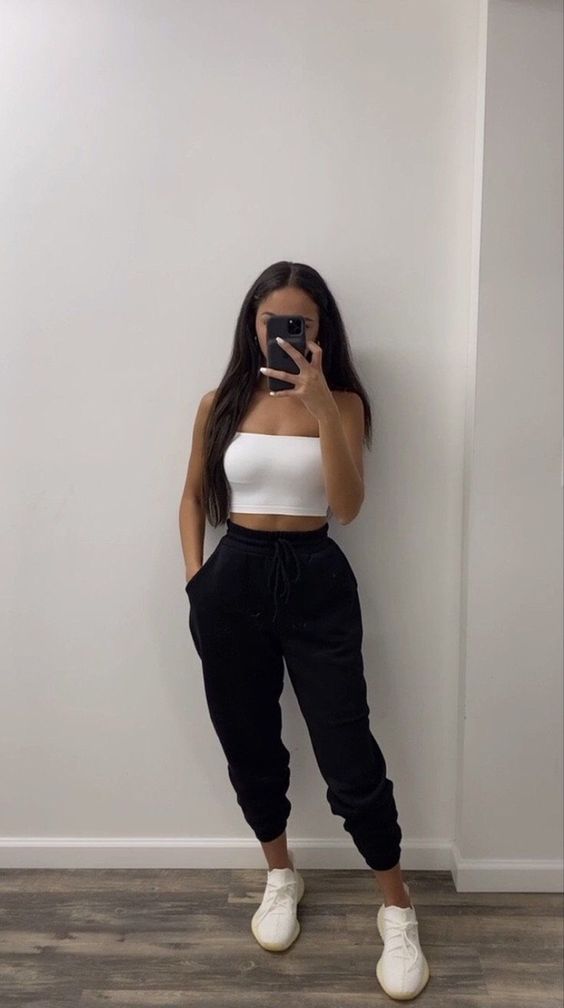 White Tube Top with Black Sweatpants and Sneakers